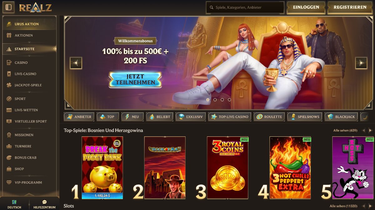 Modernes Realz Casino Interface mit einem stylischen 'Urban Pharaoh' Design, 100% Willkommensbonus bis zu 500 € plus 200 Freispiele, ideal für Spieler, die eine frische Mischung aus klassischem Ägypten-Thema und modernem Lifestyle suchen.