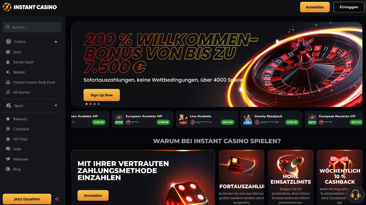 Die Instant Casino Homepage präsentiert einen 200% Willkommensbonus bis zu 7.500 € und besticht durch ein einzigartiges Versprechen: Sofortauszahlungen ohne Wettbedingungen, ideal für Spieler, die volle Kontrolle über ihre Gewinne wollen.